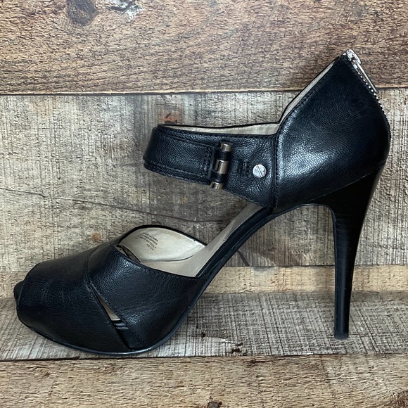 Michael Kors Black Leather Peep Toe Heels Back Zip Size 10 - Picture 5 of 14